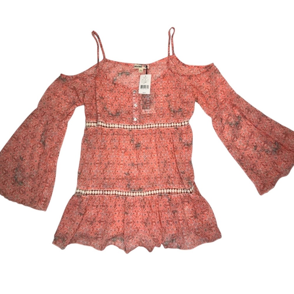 NWT SoRad Off Shoulder Boho Blouse Womens Large‎ Coral Floral Bell Sleeve Top